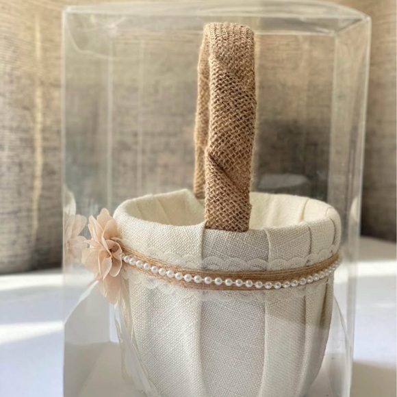 Ivory Flower Girl Basket Wedding Pearl Ribbon Floral Ceremony Basket - Picture 3 of 4